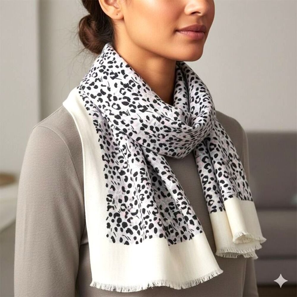 LOFT Scarf Grey Black White Pink Cheetah Print Soft Cotton 75x27 inches Large